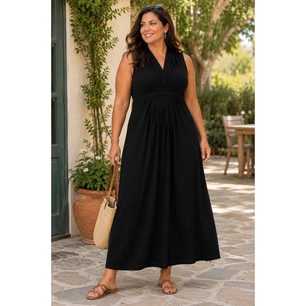 NWT Chico's Black Pleated Maxi Dress Casual Quiet Luxury Formal Stretch Sz 12/14